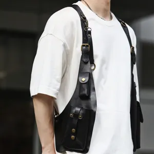 Men women fashion PU leather tactical chest rig vest bag, casual commute streetwear style.