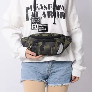 Détail de sac banane tactique camouflage, banane résistante avec zips pour le sport.