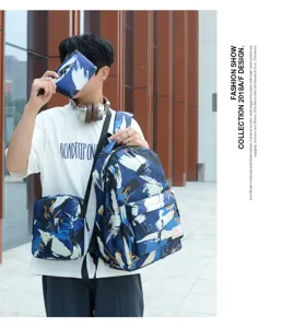 Lässiges 3-teiliges Rucksack-Set für Damen und Herren, stilvoller blauer Druck für Schule.