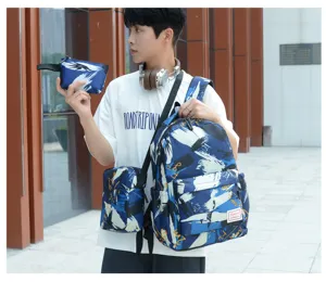 3-teiliges Unisex Freizeit Studenten Rucksack-Set mit blauem abstrakten Print, grosser Kapazität.