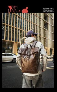 Heren PU lederen rolldown rugzak grote capaciteit casual dagrugzak voor school werk.