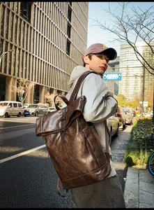 Heren PU lederen roll top rugzak vintage casual grote capaciteit tas voor school werk