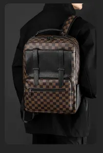 Mochila para portátil de negocios de PU a cuadros clásica hombre mujer gran bolsa de viaje.