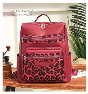 Stilvoller Damen PU-Leder Rucksack mit Kontrast-Leopardenmuster, großer Kapazität, Retro-Design.