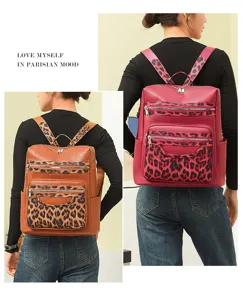 Modischer Damen PU Leder Rucksack mit Leopardenmuster, lässige Alltagstasche mit vielen Fächern.
