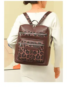Retro PU Leder Damen Rucksack mit Leopardenmuster Design, große Kapazität Freizeit Tasche.
