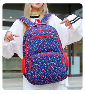 Élégant sac à dos bleu imprimé cerise pour femmes filles, sac d'école décontracté voyage