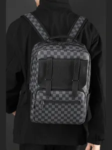 Mochila Unisex de Cuero PU Business Cuadros Gran Capacidad Impermeable Bolsa de Portátil Moda Viaje Conmutar Bolsa de Hombro Trabajo