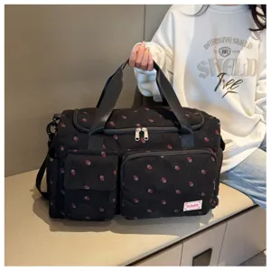 Strawberry print travel duffel bag, large capacity canvas shoulder gym bag for women.