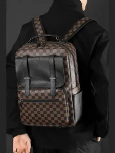 Mochila de negocios para hombre cuero PU gran capacidad viaje laptop a cuadros