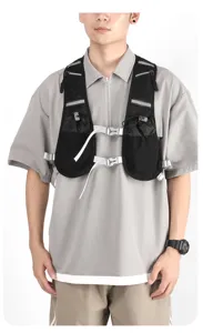 Close-up detail of outdoor sports vest backpack, showing multi-pocket design and buckles.
