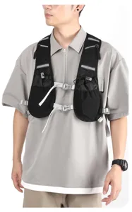 Detailed view of outdoor running vest pack, breathable mesh pockets and adjustable buckles.