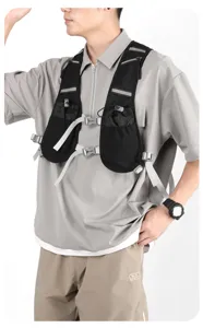 Outdoor tactical vest backpack detail, breathable mesh pocket design for hiking and cycling.