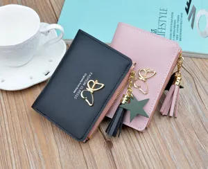 Women short wallet mini coin purse with cute butterfly charm and tassel zipper design style.