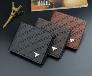 Men's short wallet with rhombus pattern, soft leather, multiple card slots, stylish casual design.