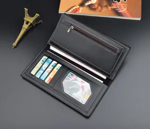 Men's long wallet black soft leather multi-card slot large capacity zipper purse.
