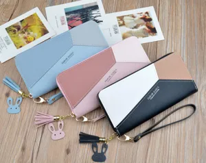 Women long wallet fashion color block zipper purse with tassel and cute rabbit pendant