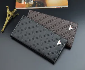 Detail shot of men's long diamond pattern wallet showing soft leather and metal logo.