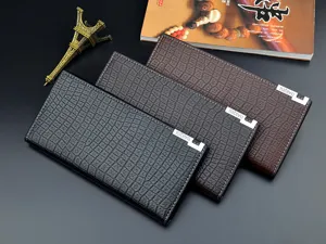 Men's long crocodile pattern wallet with multiple card slots and large capacity design.
