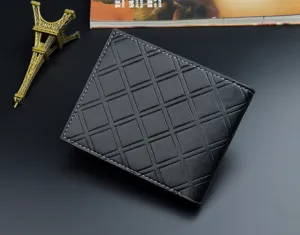 Men black short wallet fashion grid design PU leather folding coin purse compact wallet