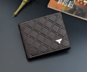 Men's short leather wallet with stylish grid pattern design and compact multi-card slots.