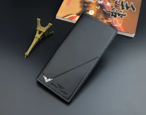 Men's long black soft leather wallet fashion casual card holder slim purse suit bag for youth.