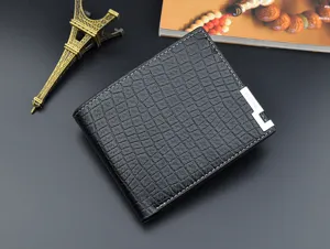 Men's short wallet vintage crocodile pattern black PU leather card holder business coin purse