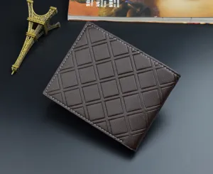 Men's short wallet dark brown soft leather card holder retro plaid fashion coin purse