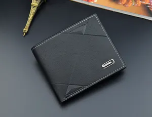 Herren schwarze PU Leder Kurzgeldbörse mit geometrischer Naht, kompaktes Kartenetui Design.