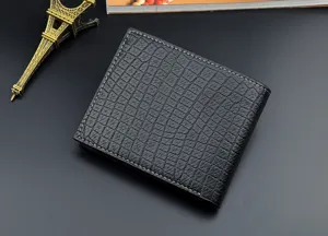Men's short black wallet with crocodile pattern texture, soft leather, multiple card slots.