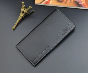 Portefeuille long noir pour homme en cuir avec fentes pour cartes et style élégant.