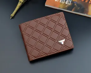 Detailed view of the brown men short wallet featuring stylish grid pattern and metal logo.