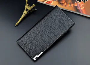 Men's black long wallet with crocodile pattern texture, soft leather and metal logo badge.