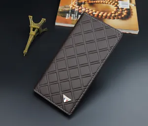 Men's long brown wallet featuring stylish diamond lattice pattern, soft leather, multiple card slots.