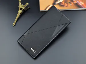 Portefeuille long homme en cuir souple noir multi-cartes pochette élégante d'affaires