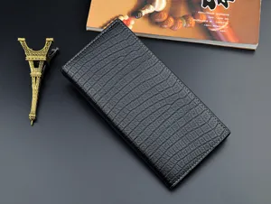 Black long men's wallet with crocodile texture, soft PU leather, multiple card slots for daily use.