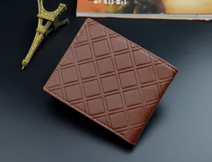 Brown men's short wallet with classic grid embossed design, slim multi-card pocket coin purse.