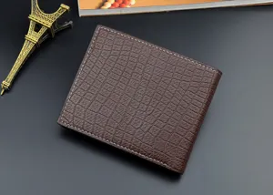 Men's short brown crocodile pattern leather wallet, compact multi-card slot design detail.