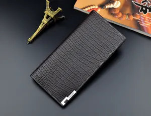 Mens long wallet dark brown crocodile pattern PU leather multiple card slots metal clasp detail