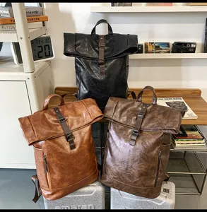 Heren PU lederen rolltop rugzak grote capaciteit laptop tas voor studenten dagelijks werk.