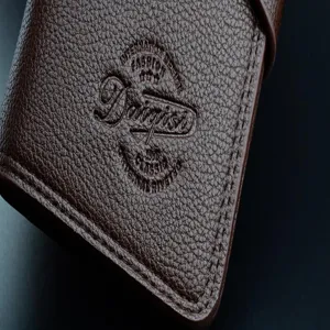 Nahaufnahme eines braunen Herren-Geldbörse aus Litchi-Leder mit geprägtem Logo und feinen Nähten.
