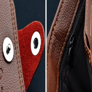 Vue détaillée portefeuille homme en cuir marron, texture litchi avec fermoir aimanté et zip.