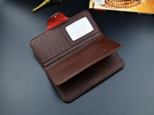 Herren Langbörse Litschi-Muster Leder viele Kartenfächer braune Business Geldbörse Detail