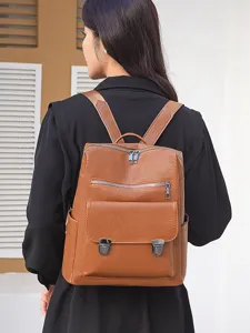 Retro braune PU Leder Damen Rucksack Freizeit groessere Kapazitaet Pendeln Schultasche