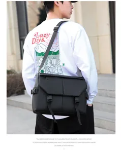 Men black waterproof oxford crossbody bag, large capacity casual multi-functional messenger bag.