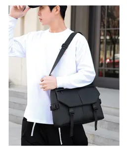 Men's black messenger shoulder bag, casual waterproof oxford travel commuter pack.