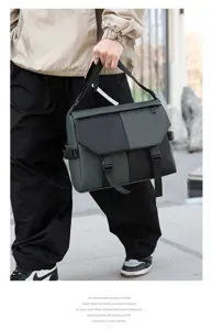 Men's waterproof canvas crossbody messenger bag with multi pockets and buckle strap details.