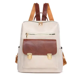 Modischer Damen Rucksack, beige braunes Kunstleder, grosse Kapazitaet Alltag und Reisen.