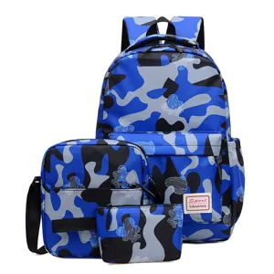 Blaues Camouflage 3-teiliges Rucksack-Set, große Kapazität Reise-Schultasche für Studenten.