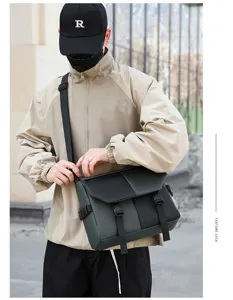Detail shot of men's waterproof oxford messenger shoulder bag in casual style.